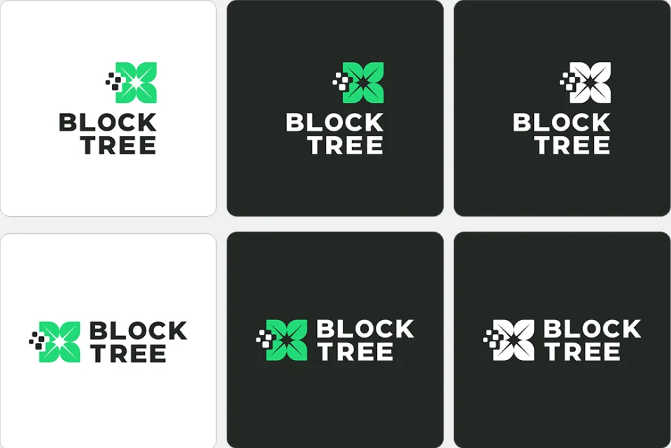 BlockTree logo variants on white and dark tiles