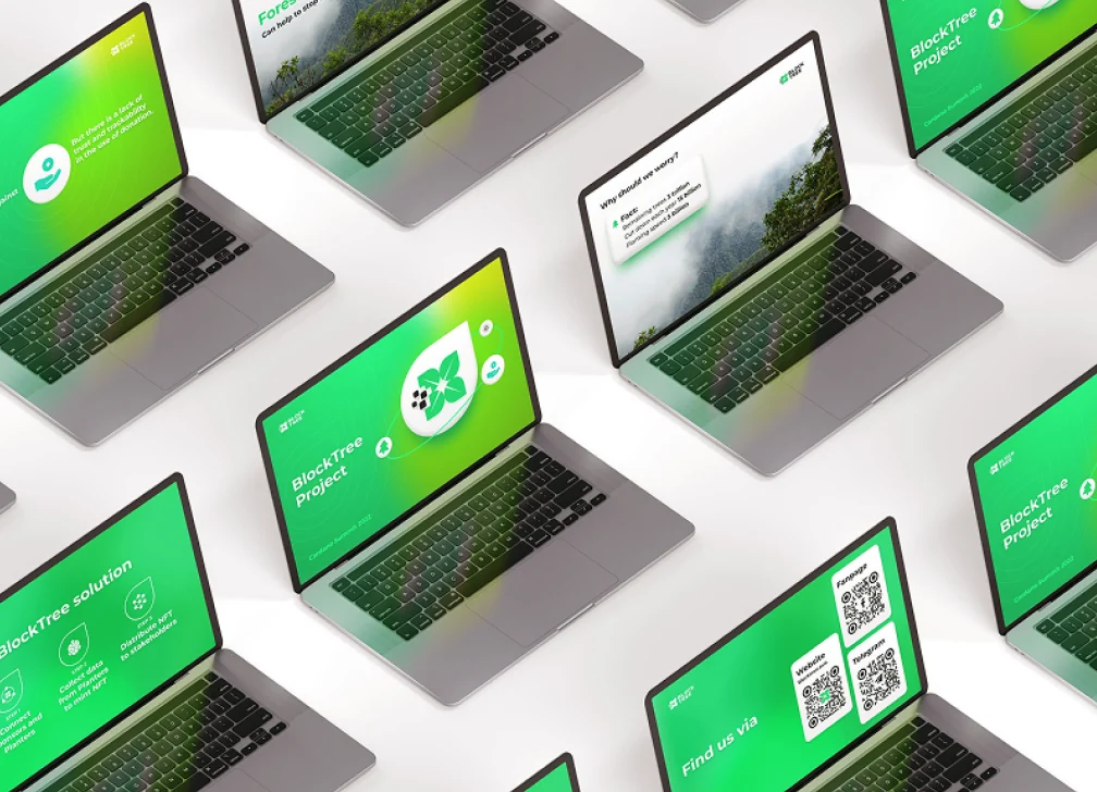 BlockTree project presentation slides on laptops