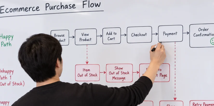 Hoang Tran mapping an e-commerce purchase flow on a whiteboard
