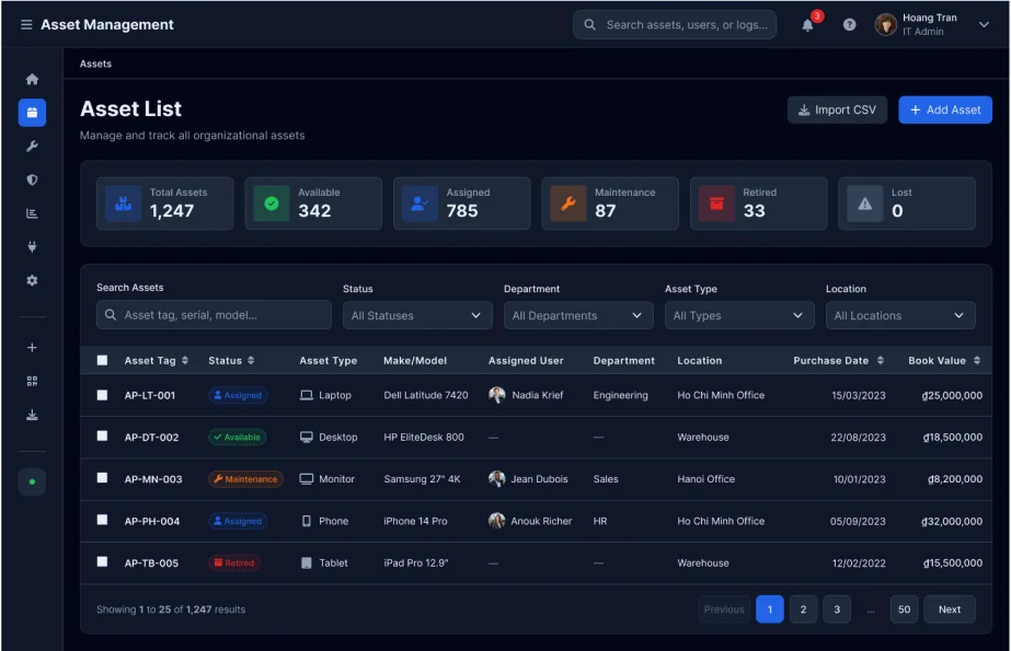 Asset list table with filters and status